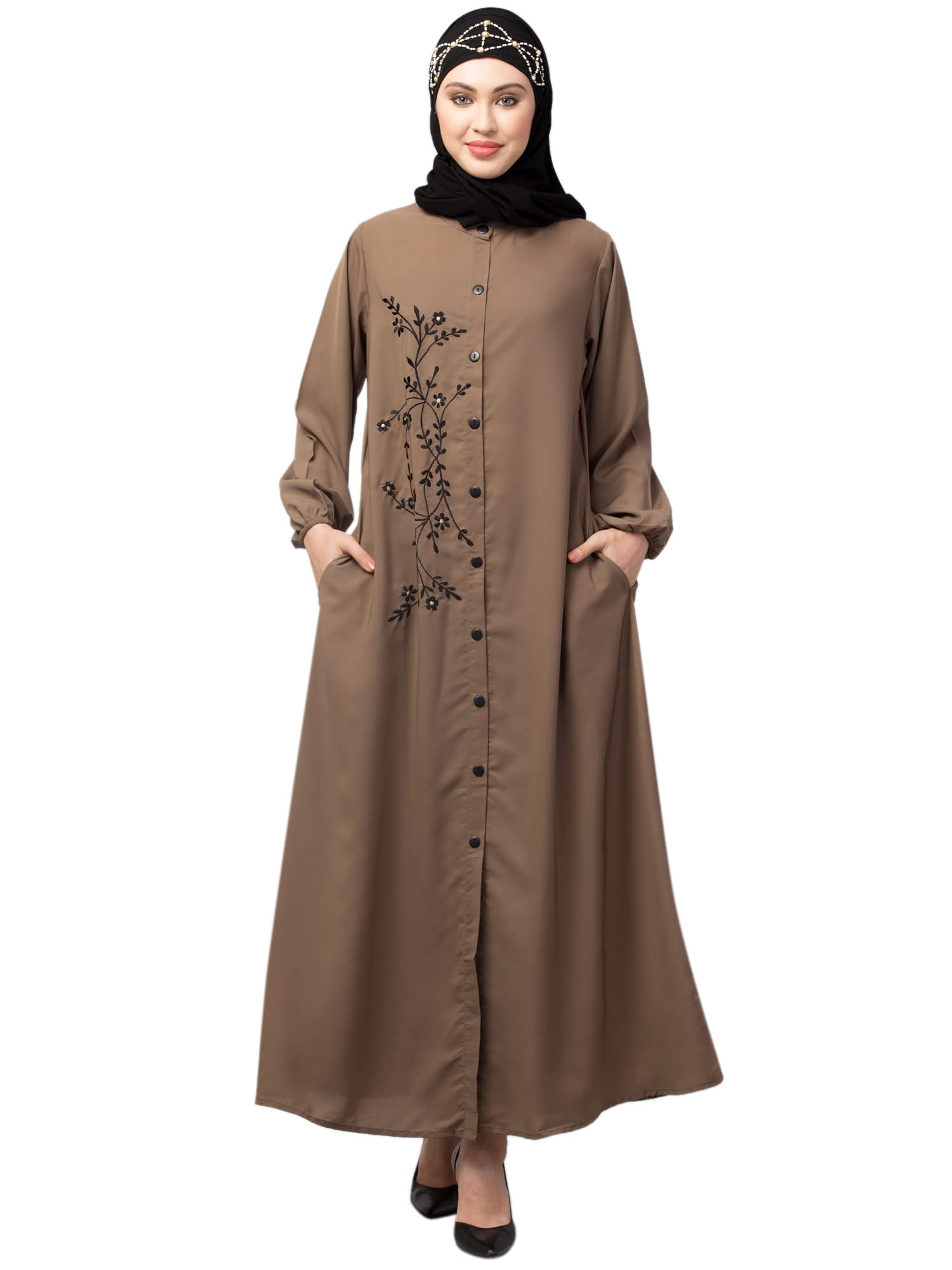 she24 Front Open one side Thread embroidery Casual Abaya (Long Embroidery Khaki Abaya)-picture-17