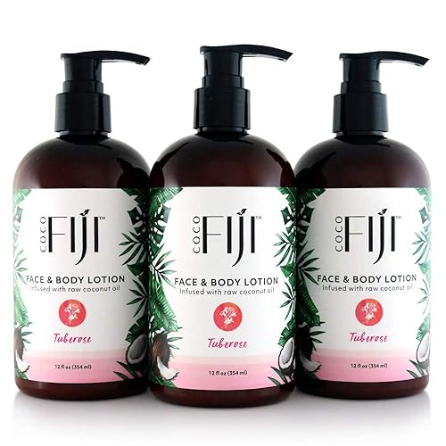 Coco Fiji Loción facial y corporal impregnada con aceite de coco tuberosa de 12 onzas paquete de 3 loción hidratante para mujeres y hombres