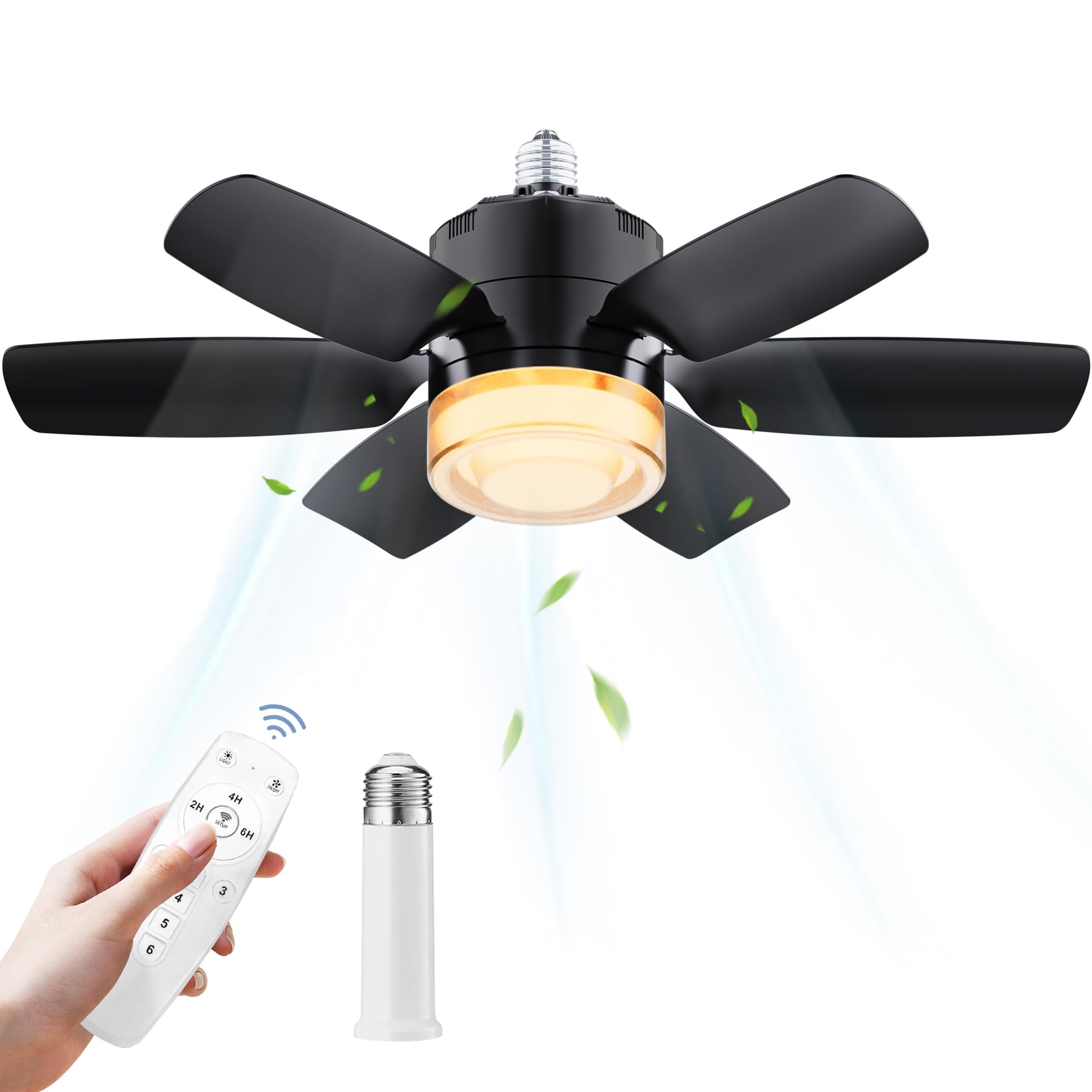 CONBOLA Smart Remote Control Ceiling Fan Light, 19.7-inch LED Tri-Color Dimming, E26/E27 Socket Noiseless Ceiling Fan, Small Ceiling Fan for Bedroom, Kitchen, Living Room and Closet, Black