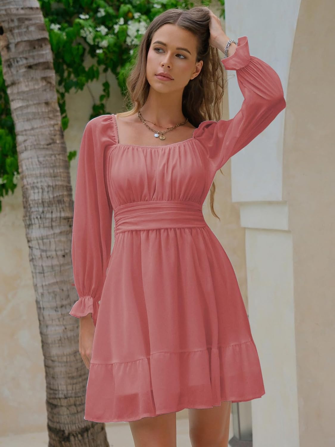 EXLURA Women's 2026 Casual Long Lantern Sleeve Dresses Square Neck Ruffle Tie Back Elastic Waist Aline Short Mini Dress - Image 3