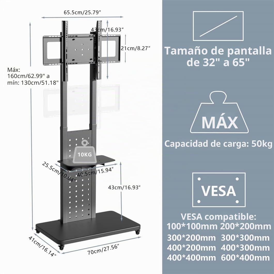 UNHO Soporte TV Ruedas 32-65 Pulgadas, Ajuste Horizontal y Vertical de 90° | Soporte TV Pie para LED LCD con 2 Estantes, Altura Ajustable, Carga 50kg, VESA 600x400 mm, para Salón, Oficinas y Ferias