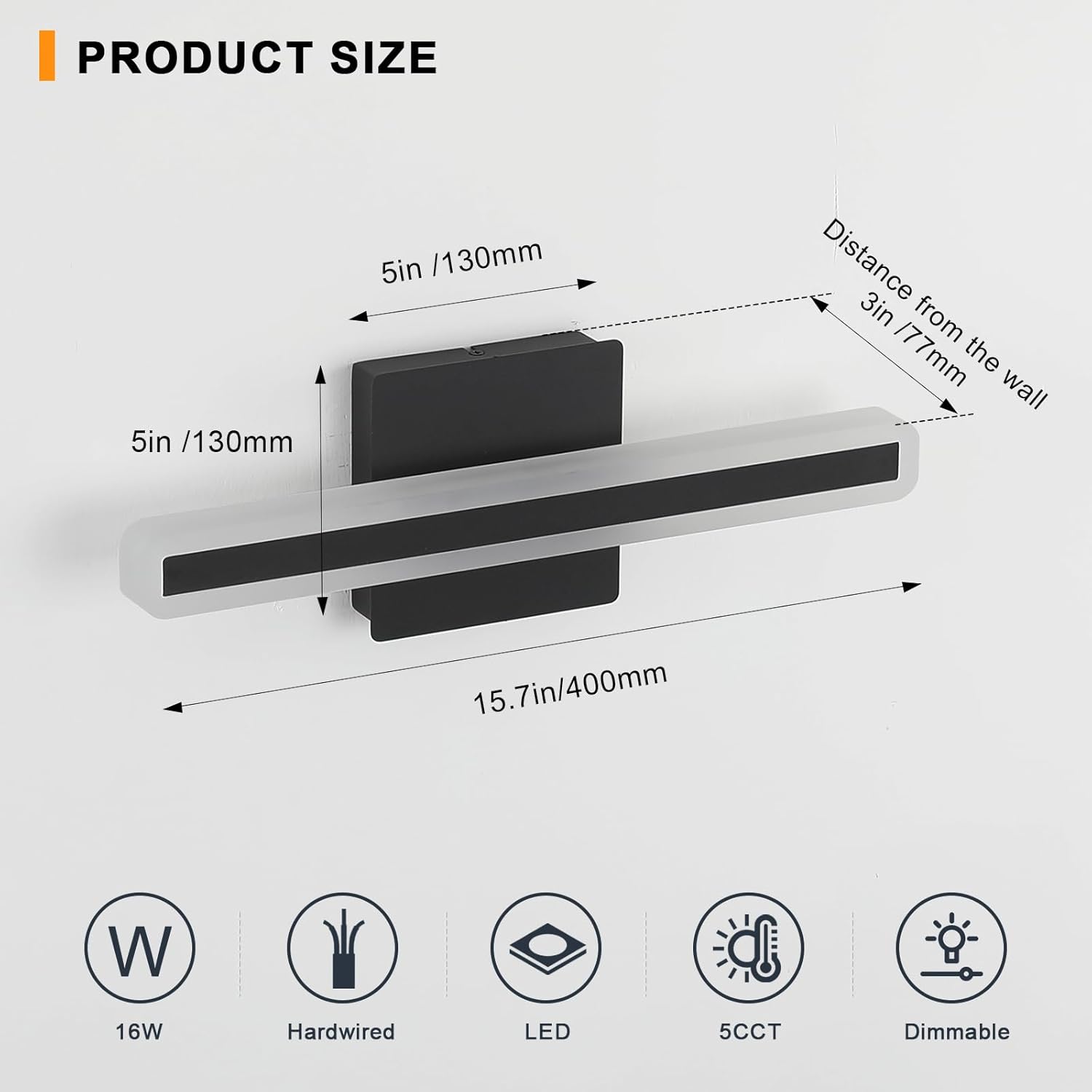 LED Modern Bathroom Vanity Light 15.7 inch 16W Dimmable 5CCT Led Bathroom Light Fixture Over Mirror, Black Bar for Mirror Restroom-ETL Certificated