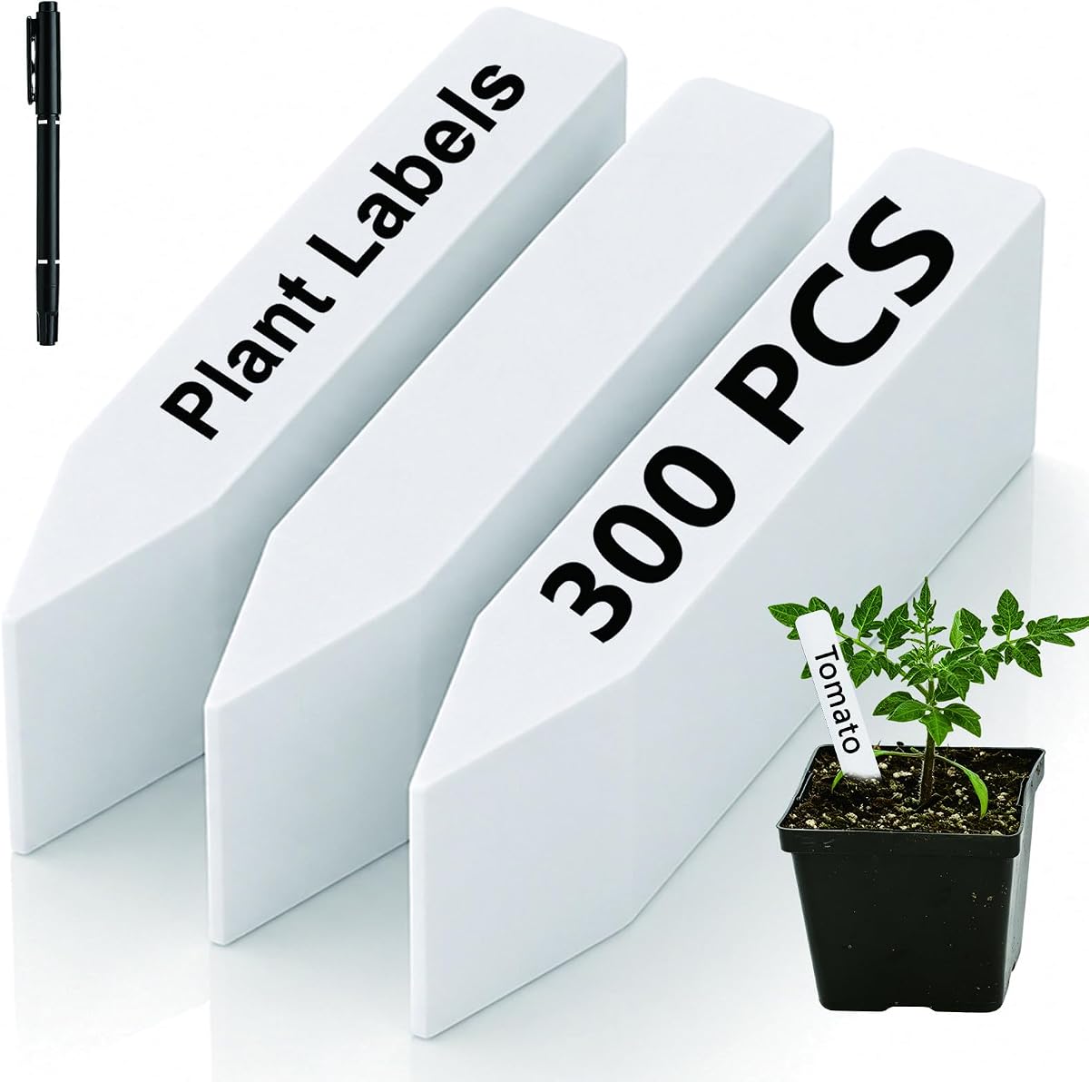 300 Pack Plant Labels, 4 Inch Potted Plant Name Tags Plastic, White | Seedlings Seed Markers Nursery Plant Stake Tag with Marking Pen for Outdoor Indoor Garden Patio Flower Vegetable