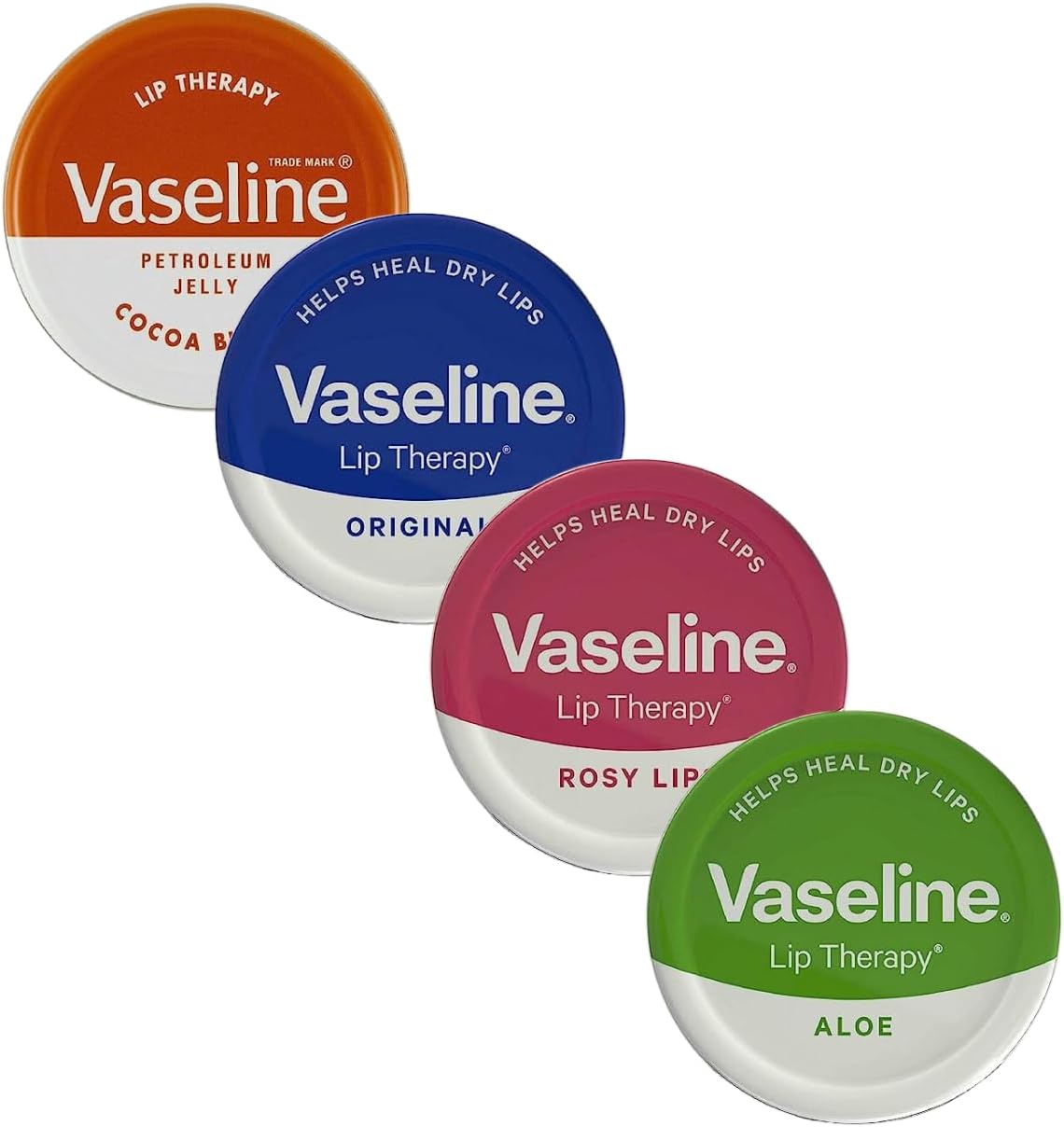Vaseline Lippenbalsem – Petroleum Jelly – Lip Therapy – Origineel, Coco Butter, Alo Vera en Rosy 20g Tin – Kalmeert Droge Lippen – Pack van 4