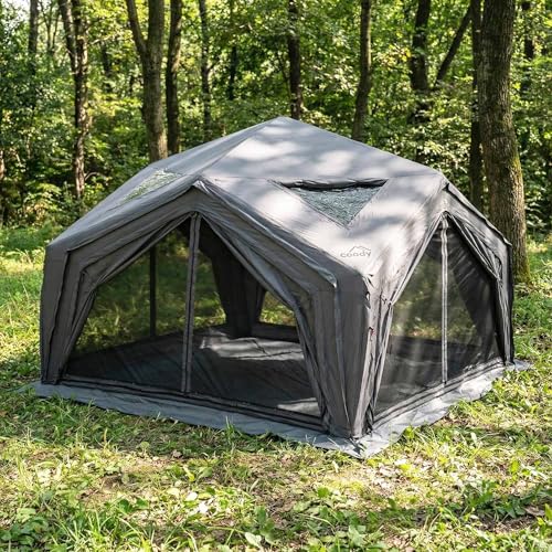 Coody Hub Inflatable Canvas Camping Tent for 2&ndash;6 People &ndash; Modular Air Beam Basecamp Shelter with Stove Jack, Breathable TC Cotton Canvas, 4 Entrances, Fast Setup Glamping Tent, Pump, Grey