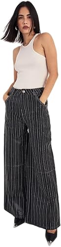 Nasty Gal Pinstripe Embroidered Faux Leather Slouch Pant Black
