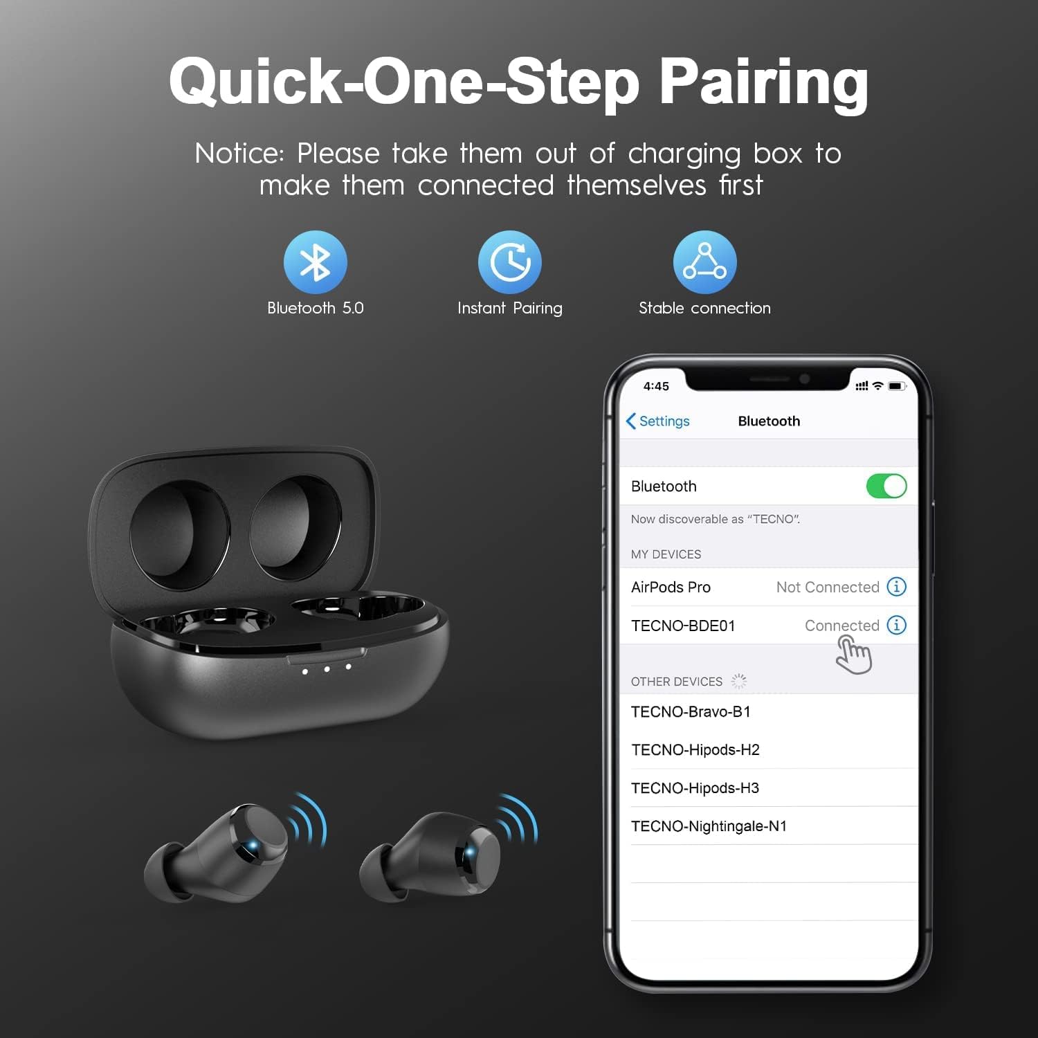 Smartphone screen showing Bluetooth pairing options for Tecno BDE01