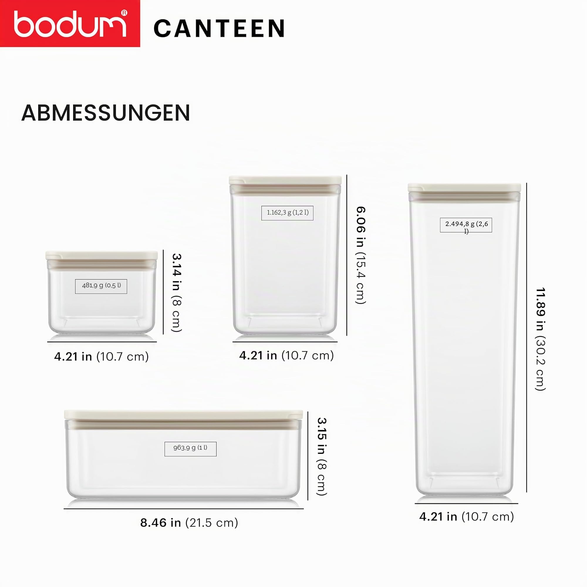 Bodum Vorratsdosen Set CANTEEN – 12-teilig mit weißen Deckeln – BPA-frei & spülmaschinenfest – Stapelbare, transparente Aufbewahrungsbehälter