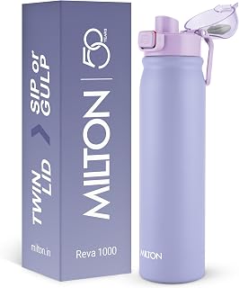 MILTON Reva 1000 ISI Certified Stainless Steel Water Bottle with Twin Lid Sip or Gulp, 1 Litre | Single Wall, BPA-Free, Leakproof | Sturdy Handle | Ideal for Home, Office, Gym & Travel, Purple