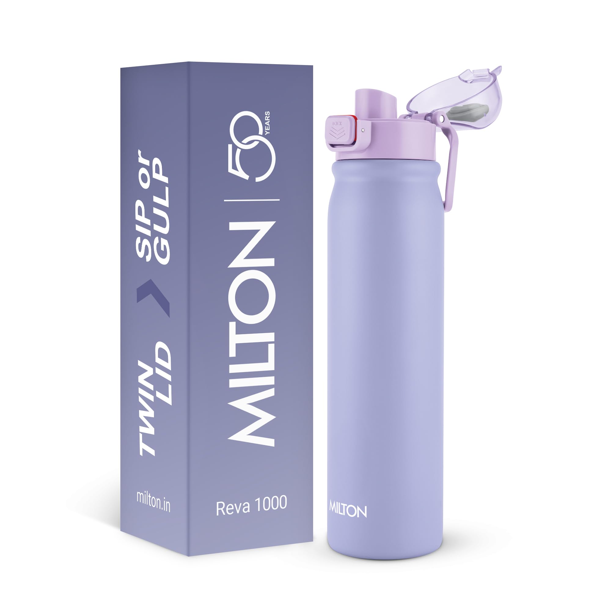 MILTON Reva 1000 ISI Certified Stainless Steel Water Bottle with Twin Lid Sip or Gulp, 1 Litre | Single Wall, BPA-Free, Leakproof | Sturdy Handle | Ideal for Home, Office, Gym & Travel, Purple