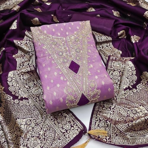 Image of Sidhidata Women's Shimmer Zari Butty With Multi Sequence Embroidered Unstitched Dress Material With Banarasi Silk Dupatta (DM Shimmer Free Size)