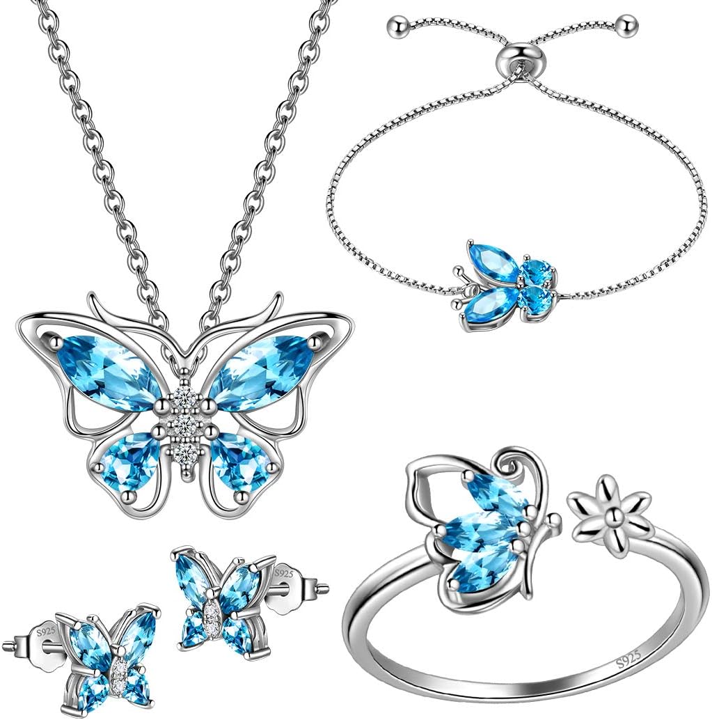 925 Sterling Silver Birthstone Butterfly Jewelry Women Crystal Animal Cute Butterflies Birthday Necklace/Earring/Ring/Bracelet Sets Birth Stone Statement Anniversary Jewellery