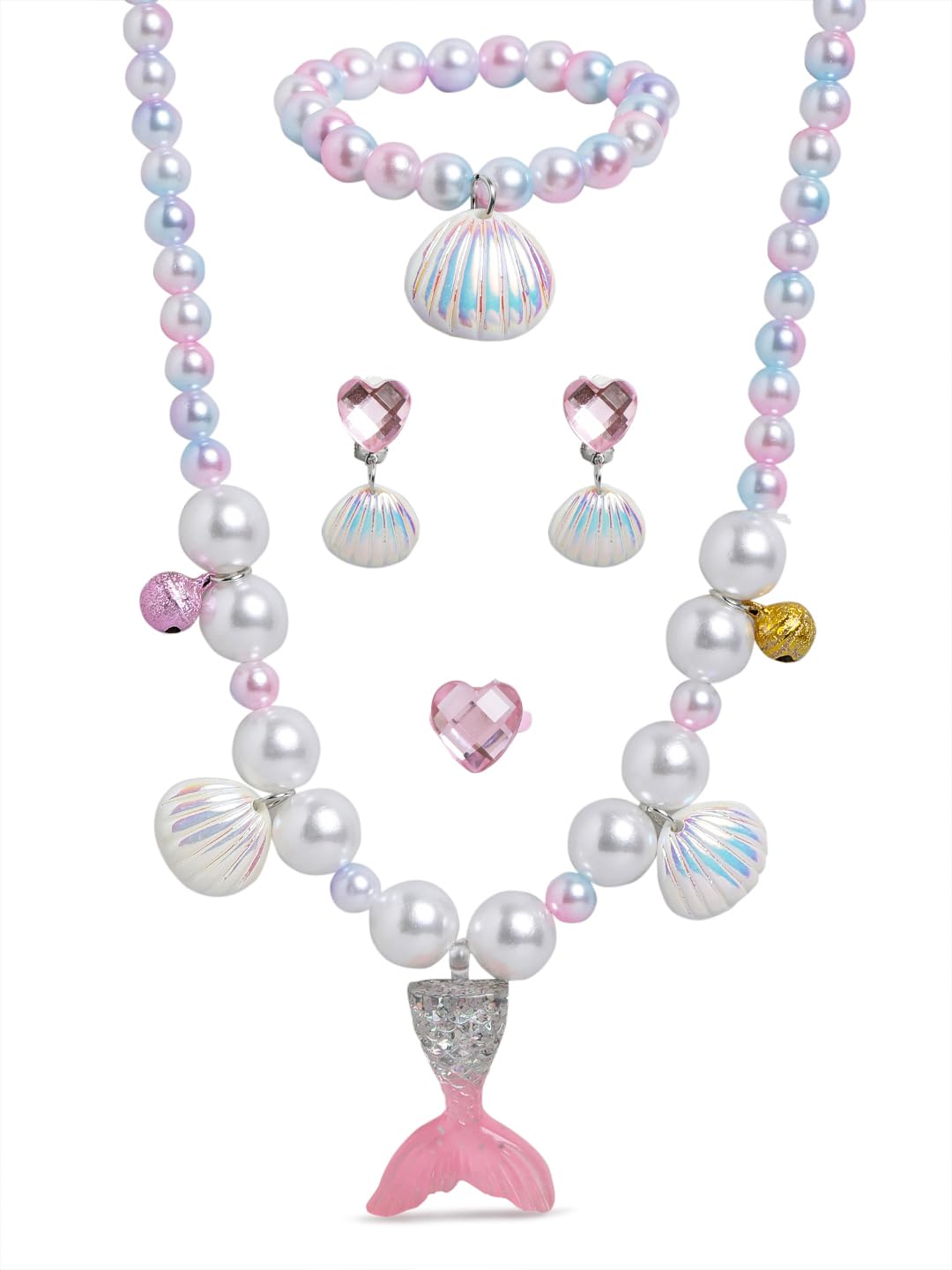 El Regalo 4-Piece Mermaid Princess Girls Kids Dress Up Jewelry Gift Set - Princess Mermaid Shell Necklace, Bracelet, Earrings, Ring Pearl Gifts for Girls/Toddlers/Kids (Pink) (B0BR459PDC) Amazon Price History, Amazon Price Tracker
