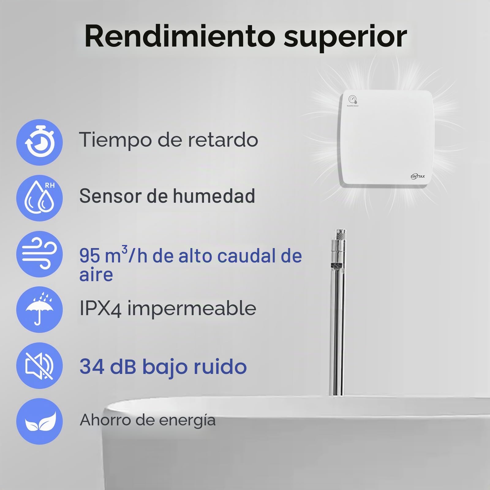 Ventilador extractor silencioso de 100 mm para baño con sensor de humedad y temporizador, ventilador cuadrado blanco para baño 95 m³/h, ventilador extractor de pared/ventana para cocina, ducha
