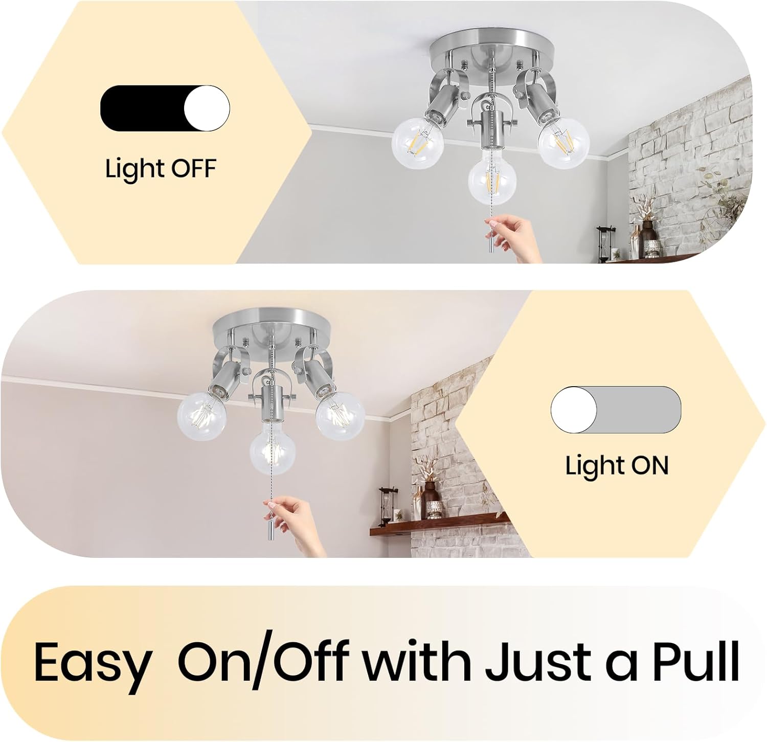 SEEBLEN 3 Light Nickel Flush Mount Ceiling Light with Pull Chain, Industrial Kitchen Ceiling Light with Rotatable Light Head,Nicke Pull String Light Fixture for Bedroom Hallway Kitchen Laundry