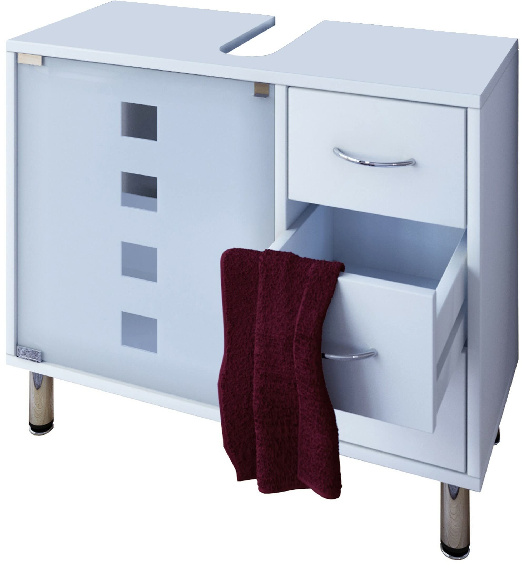 VCM Holz Waschbeckenunterschrank | Badschrank | Maße: H. 58 x B. 67 x T. 30 cm | 1 ESG-Sicherheitsglastür | 3 Schubladen | modernes Badezimmermöbel - Darola