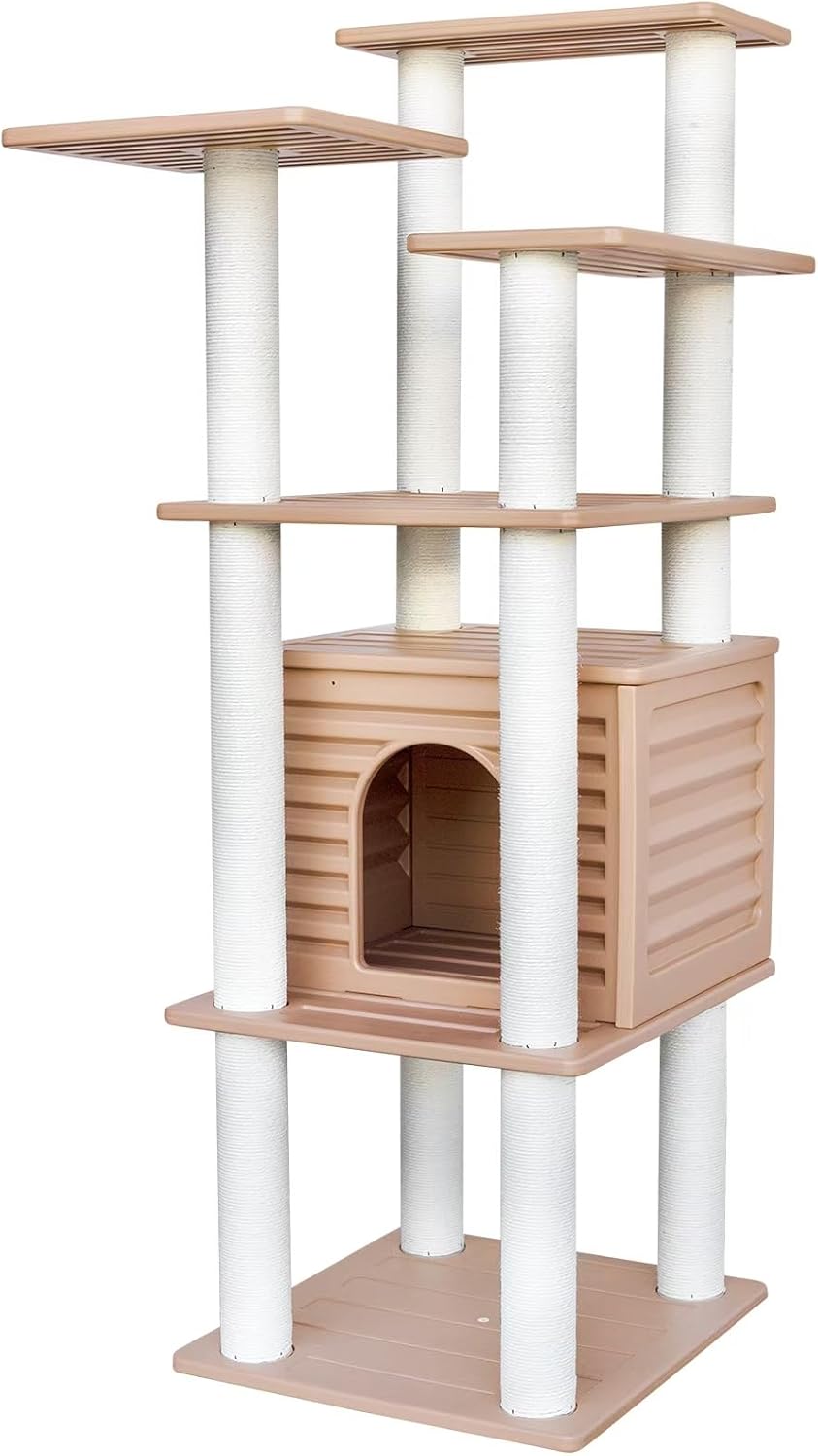 62” Tall Cat Tree for Outdoor and Indoor Cats, Weatherproof Large Outdoor Cat Condo with Scratching Posts