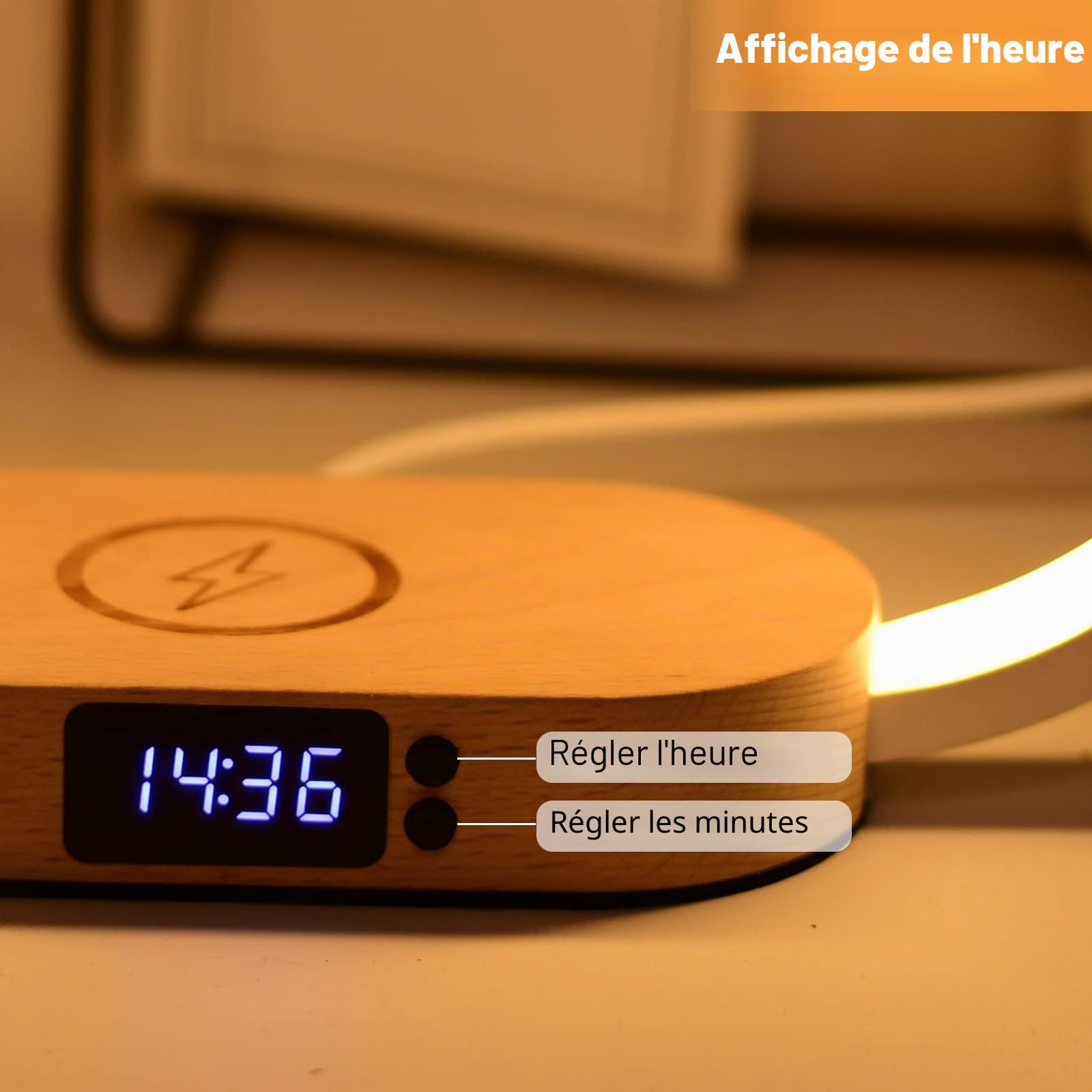 Lampe de Chevet Chargeur sans Fil 15W, Lampe Chevet Bois avec Horloge et Port USB, Lampe de Table Tactile Dimmable avec 3 Modes de Couleur pour Lecture Chambre Bureau, Bois&Blanc