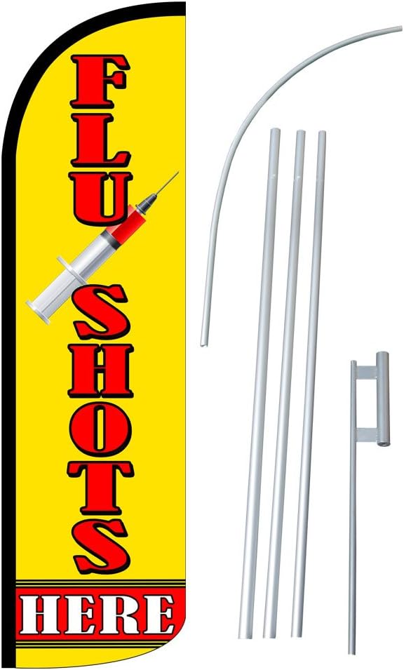 NEOPlex - "FLU Shots HERE" 12-Foot Super Swooper Feather Flag with Heavy-Duty 15-Foot Pole and Ground Spike