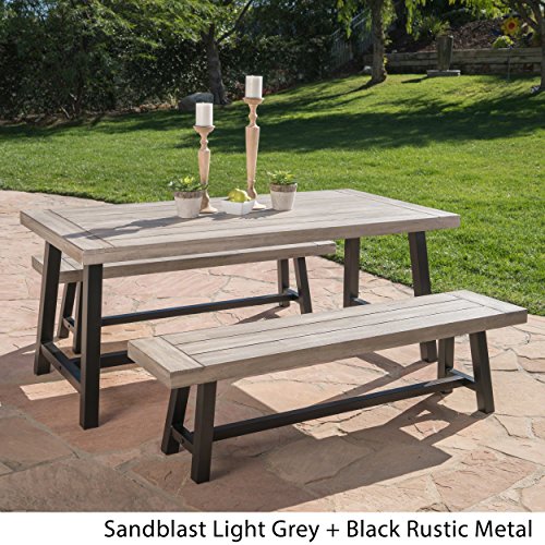 Cassie Outdoor Modern Industrial 3 Piece Acacia Wood Picnic Dining Set With Benches, Sandblasted Light Gray And Black Rustic Metal #TOP1