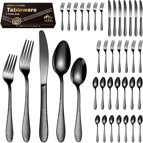 Miniatura 2 de IKXO Juego de cubiertos negros de 60 piezas para 12 unidades, juego de cubiertos de acero inoxidable de alta calidad, juego de cubiertos de espejo