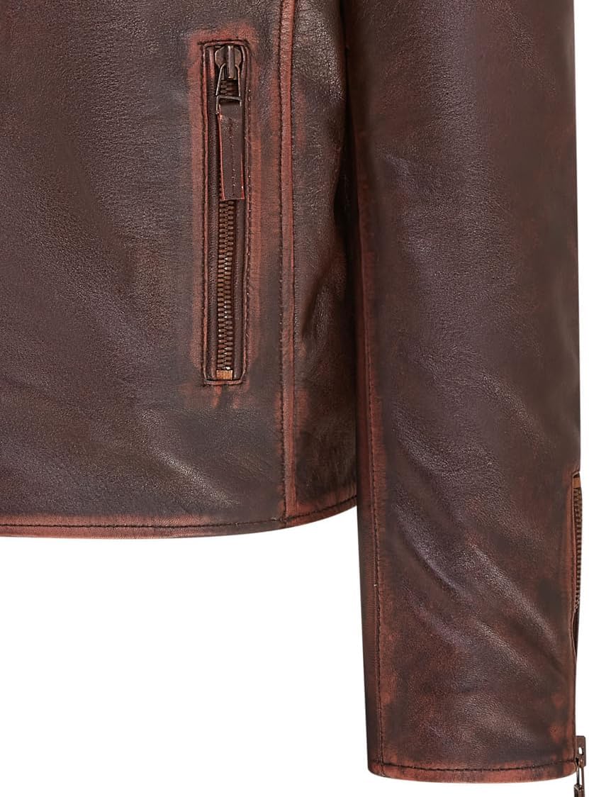 Mens Slim Fit Brando Style Double Cross Zip 100% Leather Biker Jacket
