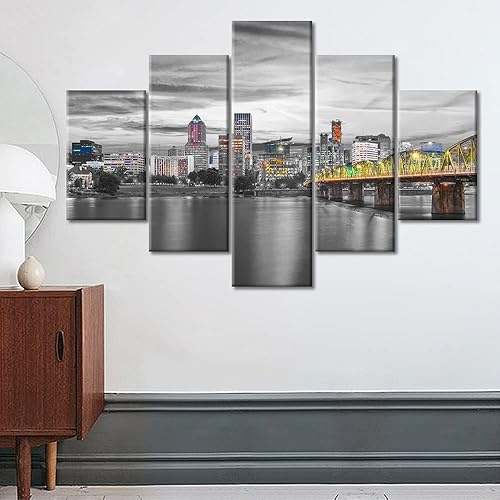 Miniatura 2 de TUMOVO Arte de pared de 5 piezas de arte de pared de Portland Oregon Skyline impresiones sobre lienzo paisaje urbano del centro de la ciudad,