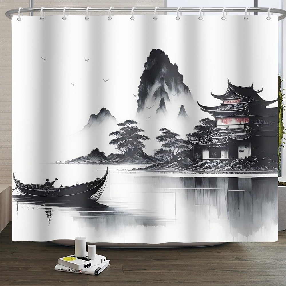 Xiaoterna Traditional Japanese Painting Shower Curtain Japanese Building Asian Ink Painting Shower Curtain Foggy Mountain Boat Wild Goose Outdoor Natural Scenery Bathroom Curtain 240x180cm