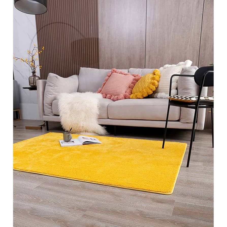 Amazon｜ラグマット イエロー 無地 ふわふわ 厚手 滑り止め付