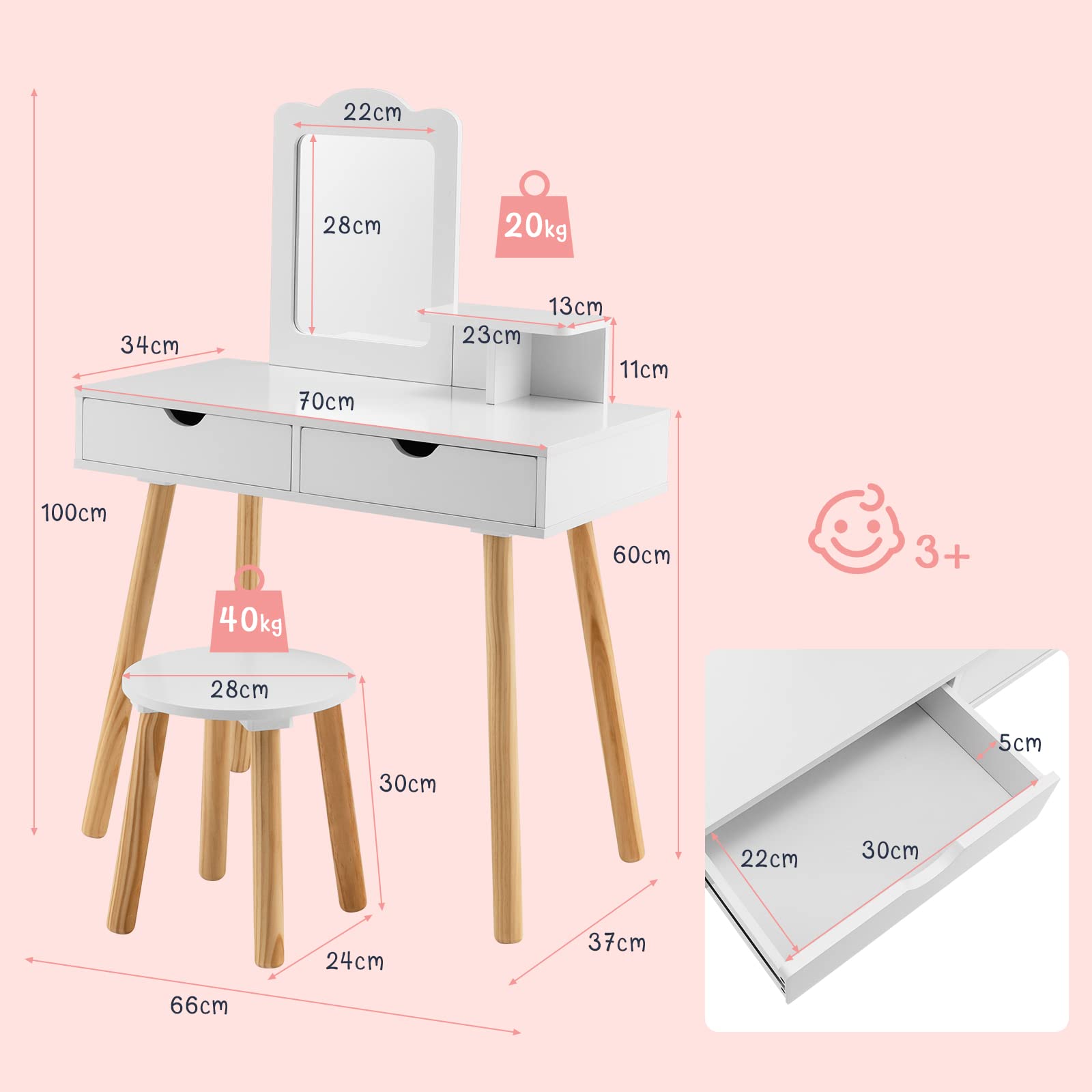 COSTWAY Juego de Tocador Infantil Niña, 2 en 1 Mesa de Tocador y Taburete de Madera para Niños con 1 Espejo Rectangular y 2 Cajones Grandes, Tocador de Maquillaje para Niña de 3 a 7 Años,White