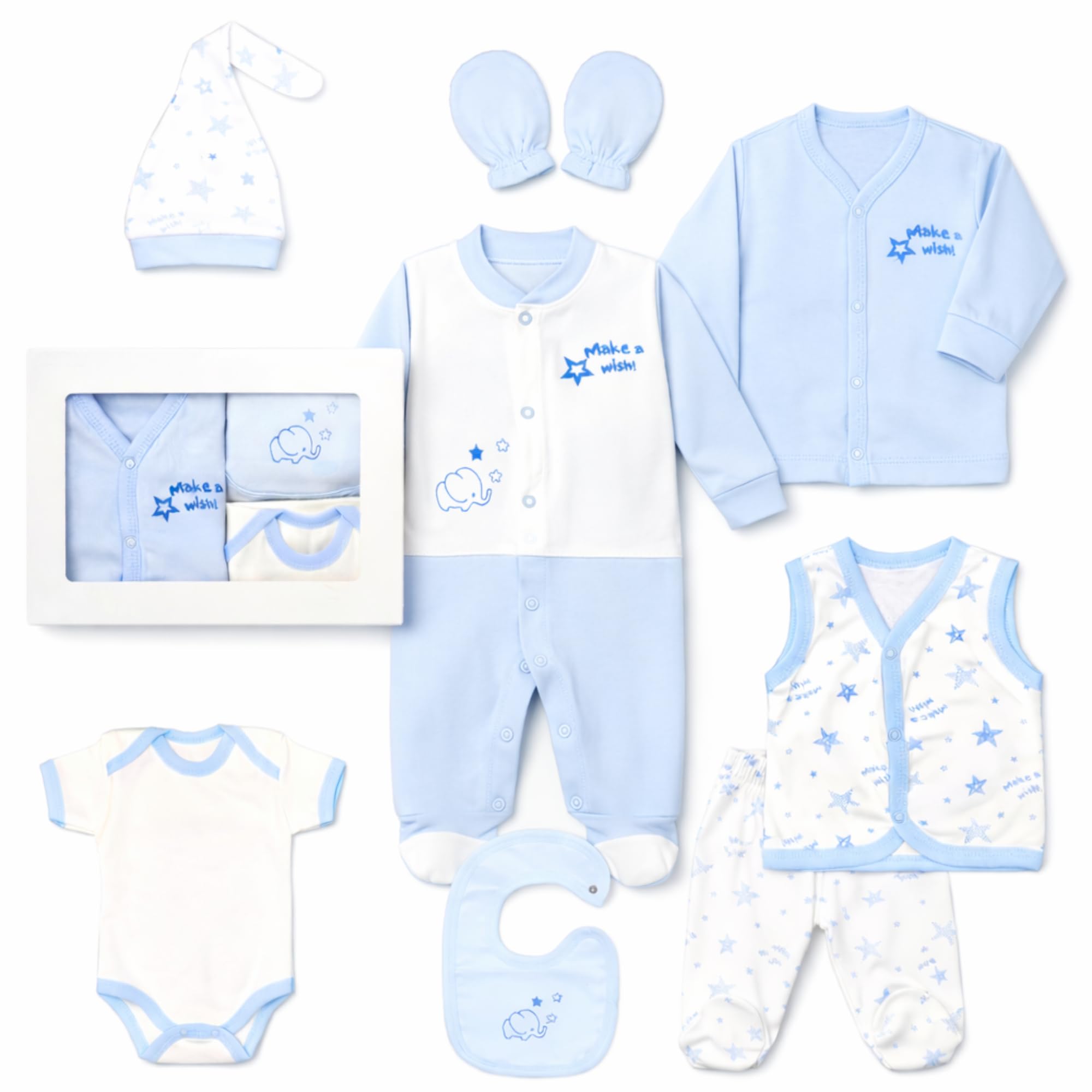 Blue Eyes Baby Geschenk Set Junge – 8-teiliges Neugeborenen Geschenkset aus 100% Baumwolle, Erstausstattung zur Geburt 0–4 Monate (Stern Blau)