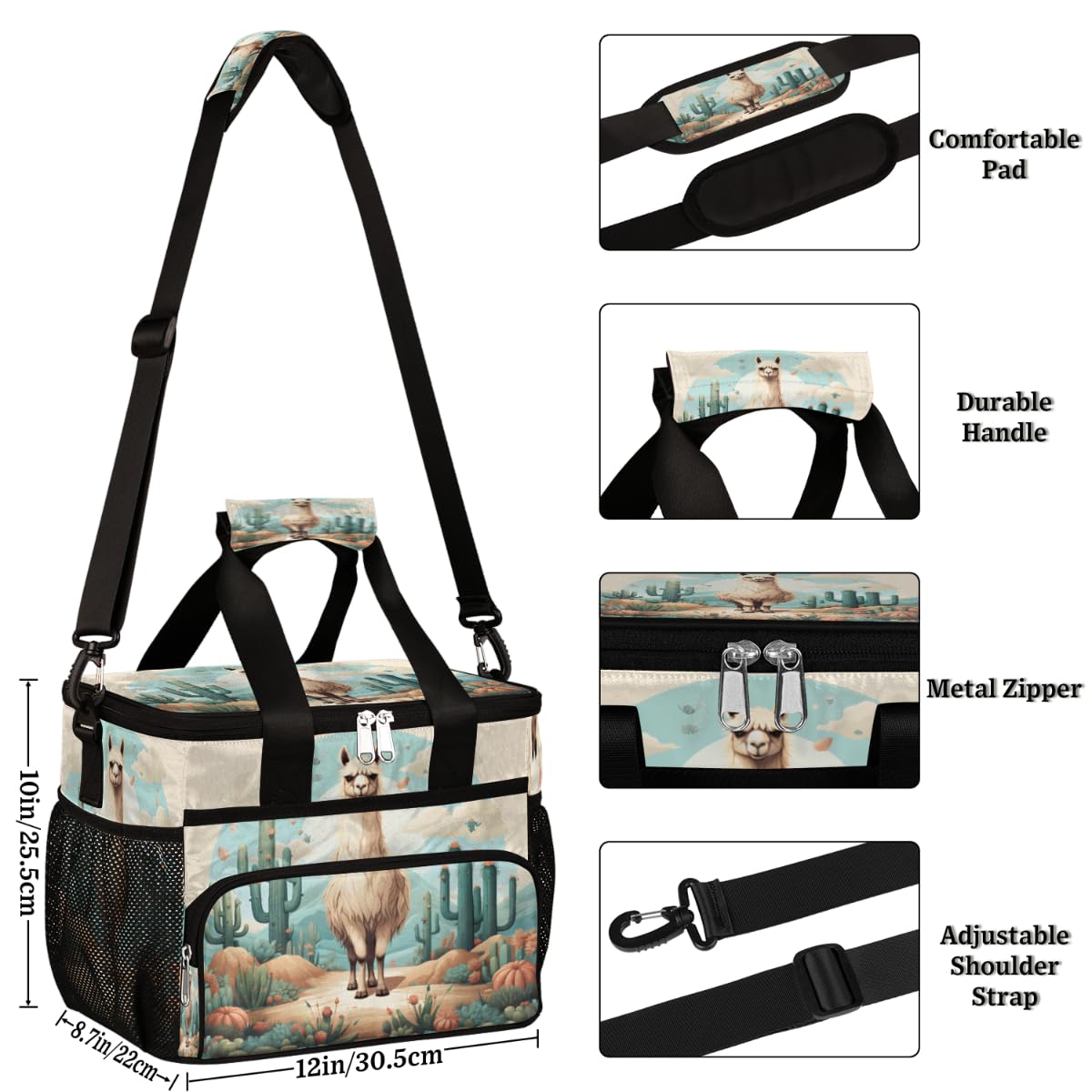 Alpaca Insulated Picnic Backpack Lunch Box for Women Men Picnic Basket Tote Lunch Bag Picnic Bag Portable Lunch Bags for Picnic, Beach, Work, Trip,Office, Camp Cactus Alpaca