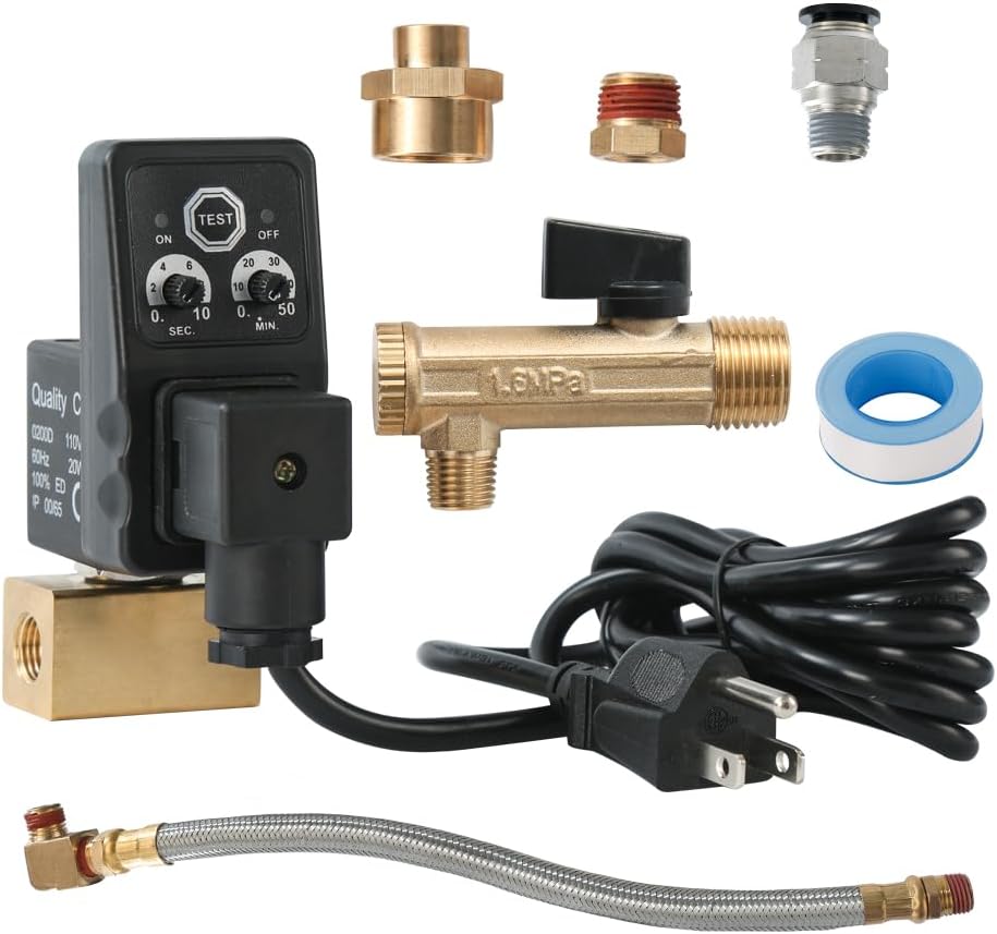 1/4" NPT Timer Operated Compressor Air Drain Valves with 1/4" flexible Braided Steel Tube and Ball Valve Strainer 1/2" x 1/4" MNPT，Automatic Electronic Tank Drain Kit with Push to Connect Fitting