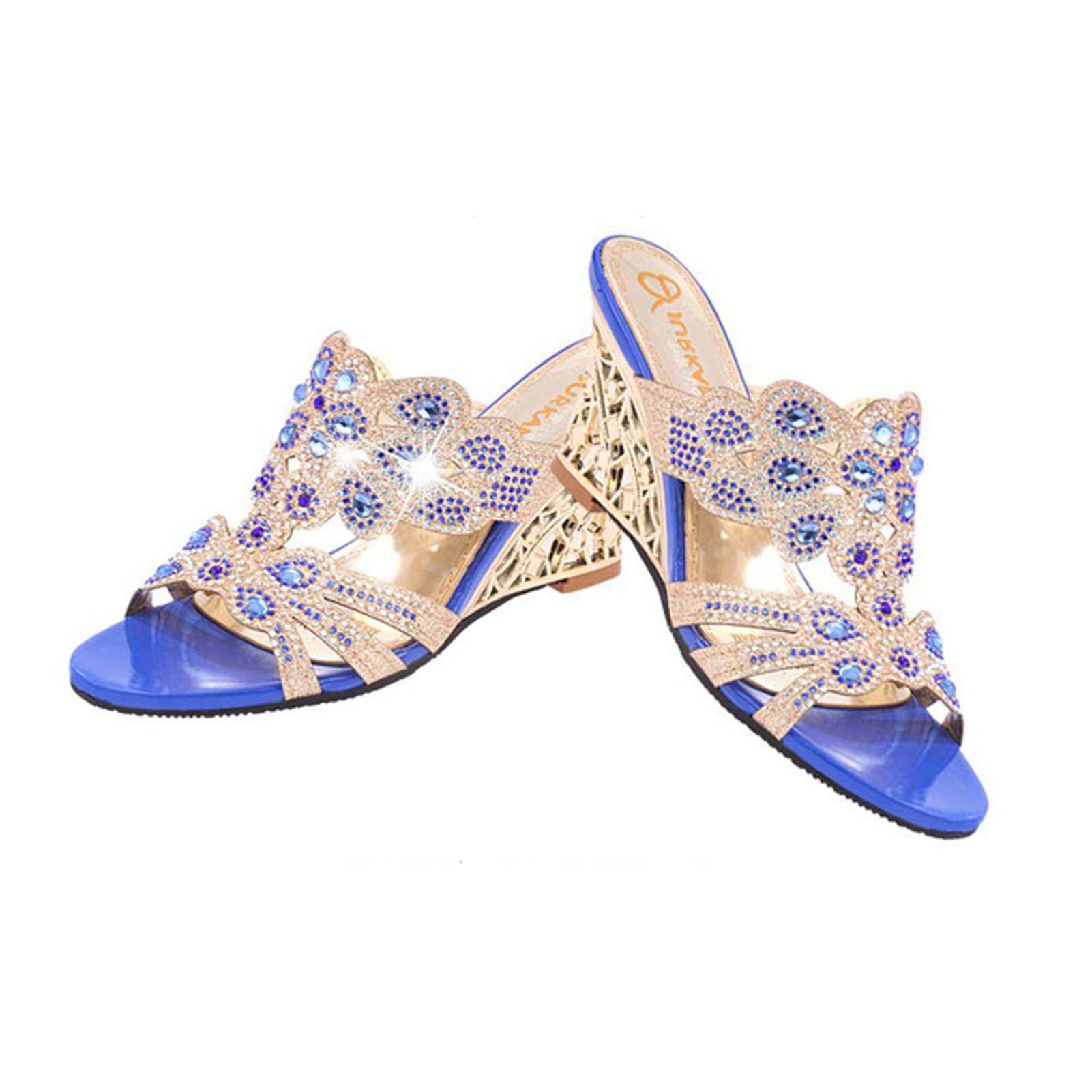 Henxue 003 Sandals For Womenwomen's Crystal Rhinestone Peacock Patterned Handmade Sandals Platform Wedge Dress Sandals Slippers,,39