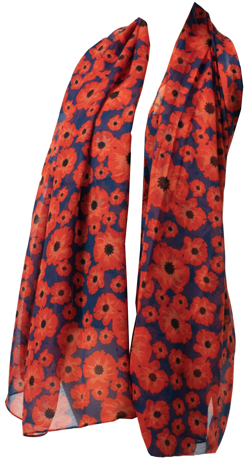 Glamlondon Women's Blue Poppy Scarf Red Poppies Printed Large Soft Flower Floral Wrap (Blue)