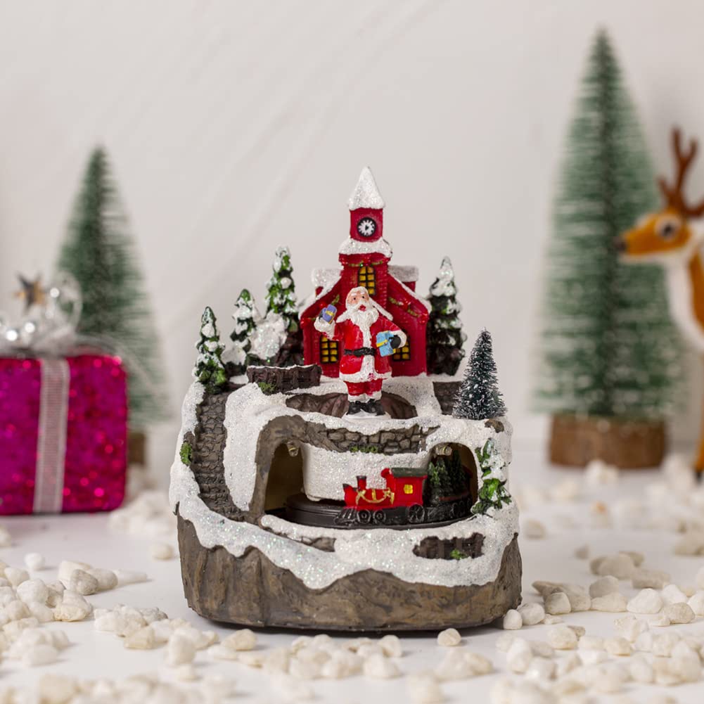 Uposao Decoración de Navidad LED Papá Noel muñeco de nieve resina con iluminación, música, casa de Navidad, miniatura, pueblo de Navidad, decoración con decoración de nieve, escena de Navidad, mesa