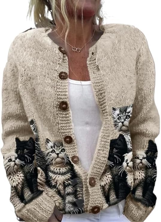 Cat Sweaters for Women Oversized Cardigan Sweater Crew Y2K Button Knit Cardigan Sweater Cute Cat Cardigan Sweaters