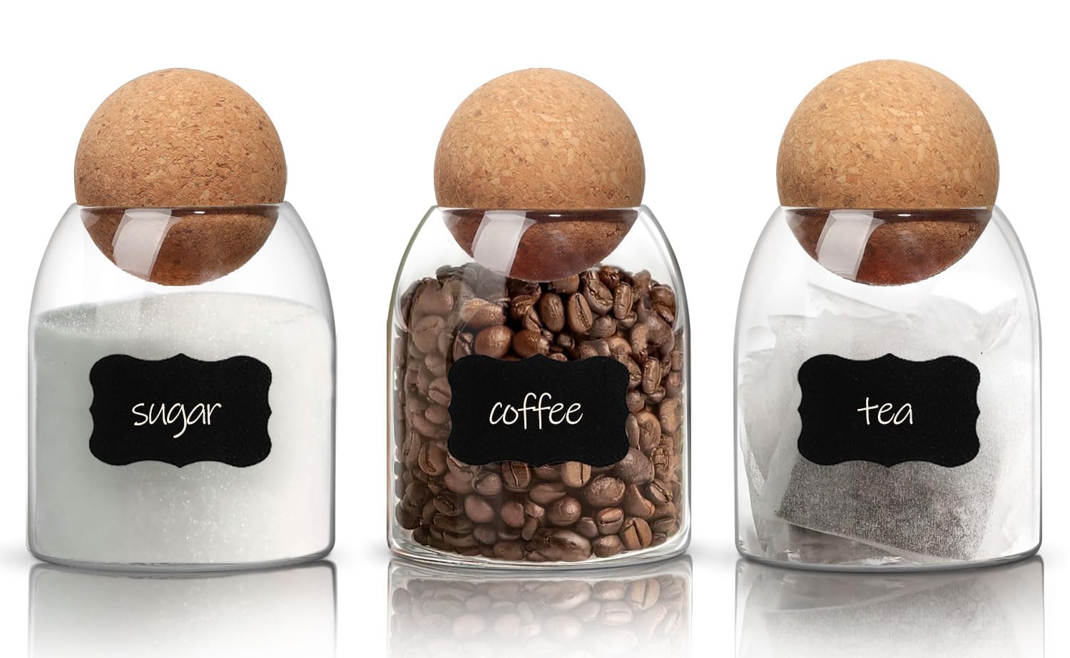 ComSaf Tea Coffee Sugar Canisters Set, 480mL Small Glass Jar with Cork Lids, 3 Pack Tea and Coffee Jars, Spice Jars, Stylish Decorative Kitchen Canisters, Perfect Kitchen Food Storage Organiser