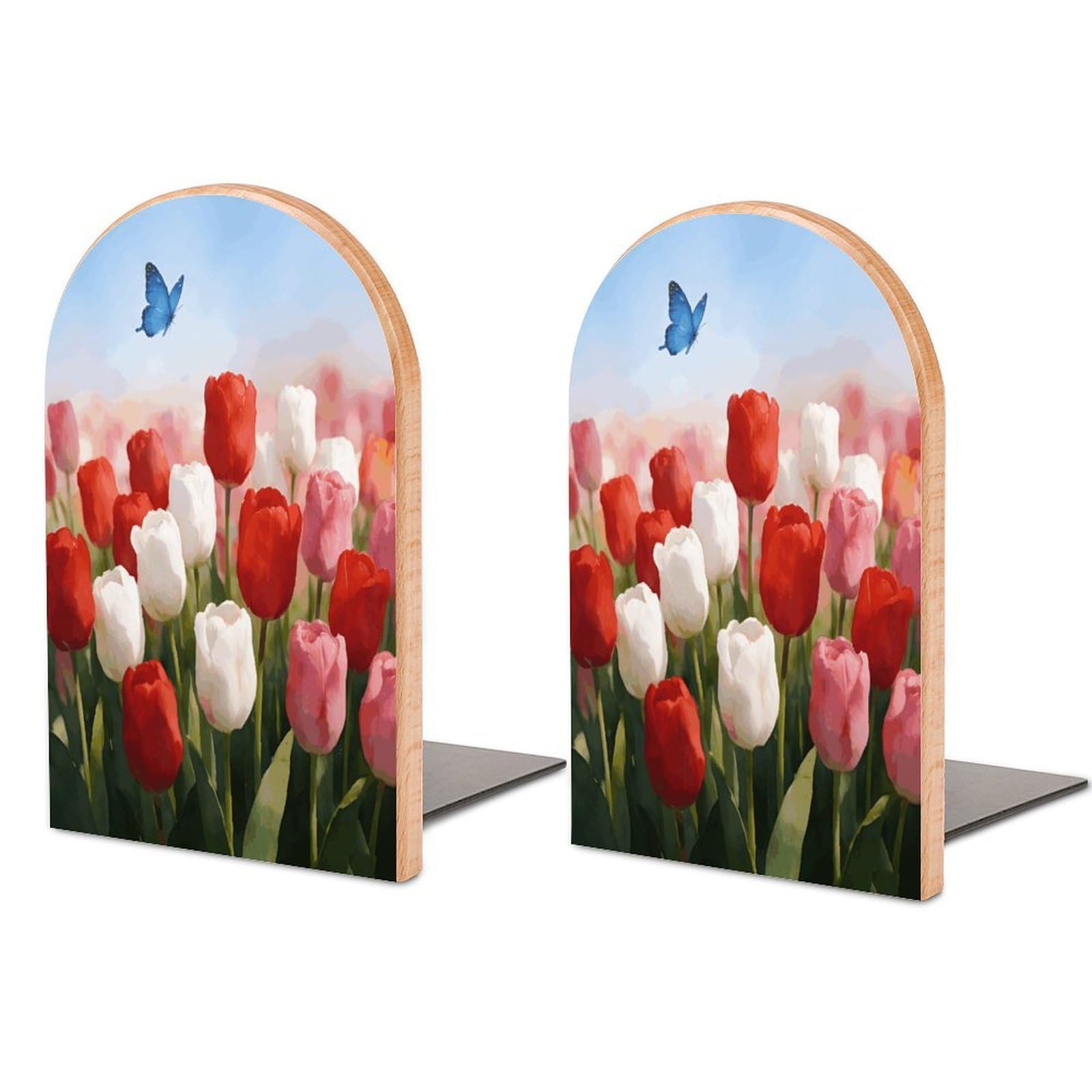Watercolor Flowers with Butterfly Book End for Shelves Book Shelf Holder Home Decorative Non Skid Book Stoppers Universal Economy Bookend Wood Handmade Heavy Duty Bookend for Home Office 1 Pair