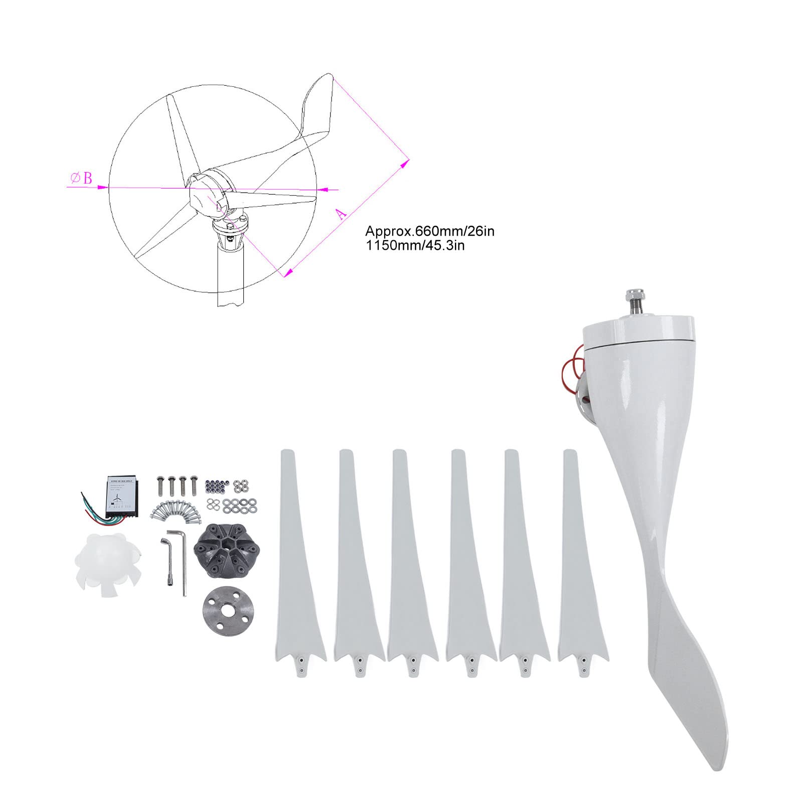 Zerodis Zestaw Generatora Turbiny Wiatrowej 200 W ze Sterownikiem, 3-fazowa Pionowa Turbina Wiatrowa z Magnesami Trwałymi, 6-łopatkowa Konstrukcja z Włókna Nylonowego, Funkcja Automatycznego (DC12V)