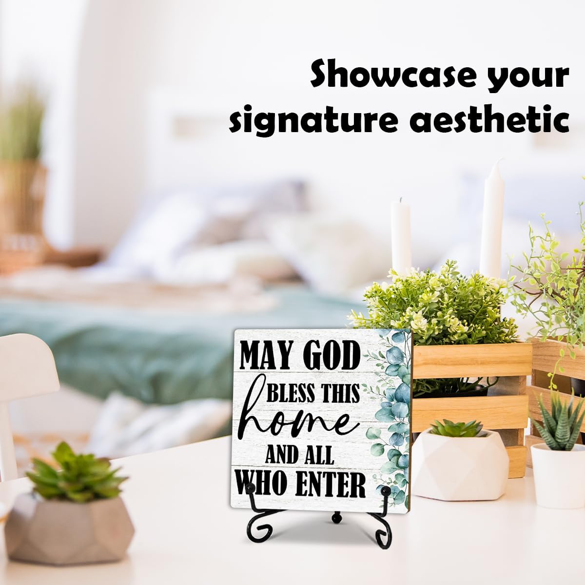 5’’ My God Bless This Home Wooden Plaque With 1 Metal Support - Housewarming Gifts House Blessing Wood Sign For Friends Family - Rustic Farmhouse Tabletop Decor For Home Desk Living Room Shelf-A08 - Image 3