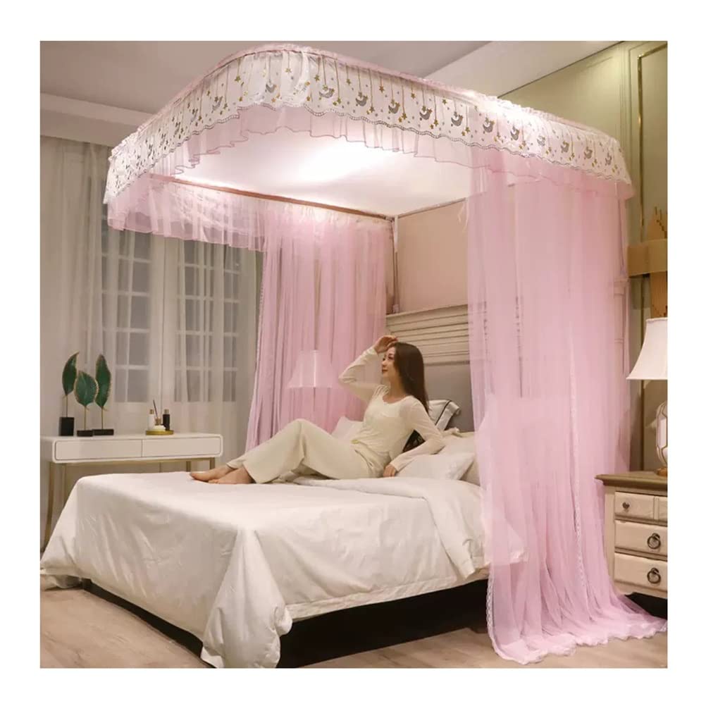 Mosquitera con dosel para cama doble rosa de 200x220 cm con soporte en U