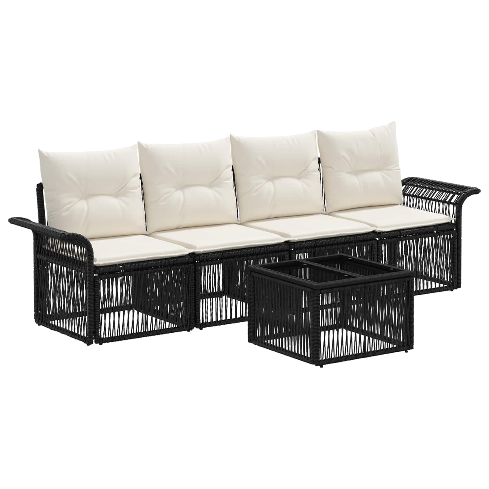 Set di 5 divani da giardino in polyrattan, colore nero | Salotto angolare modulare per giardino e terrazza con comodi cuscini e robusto telaio in acciaio.