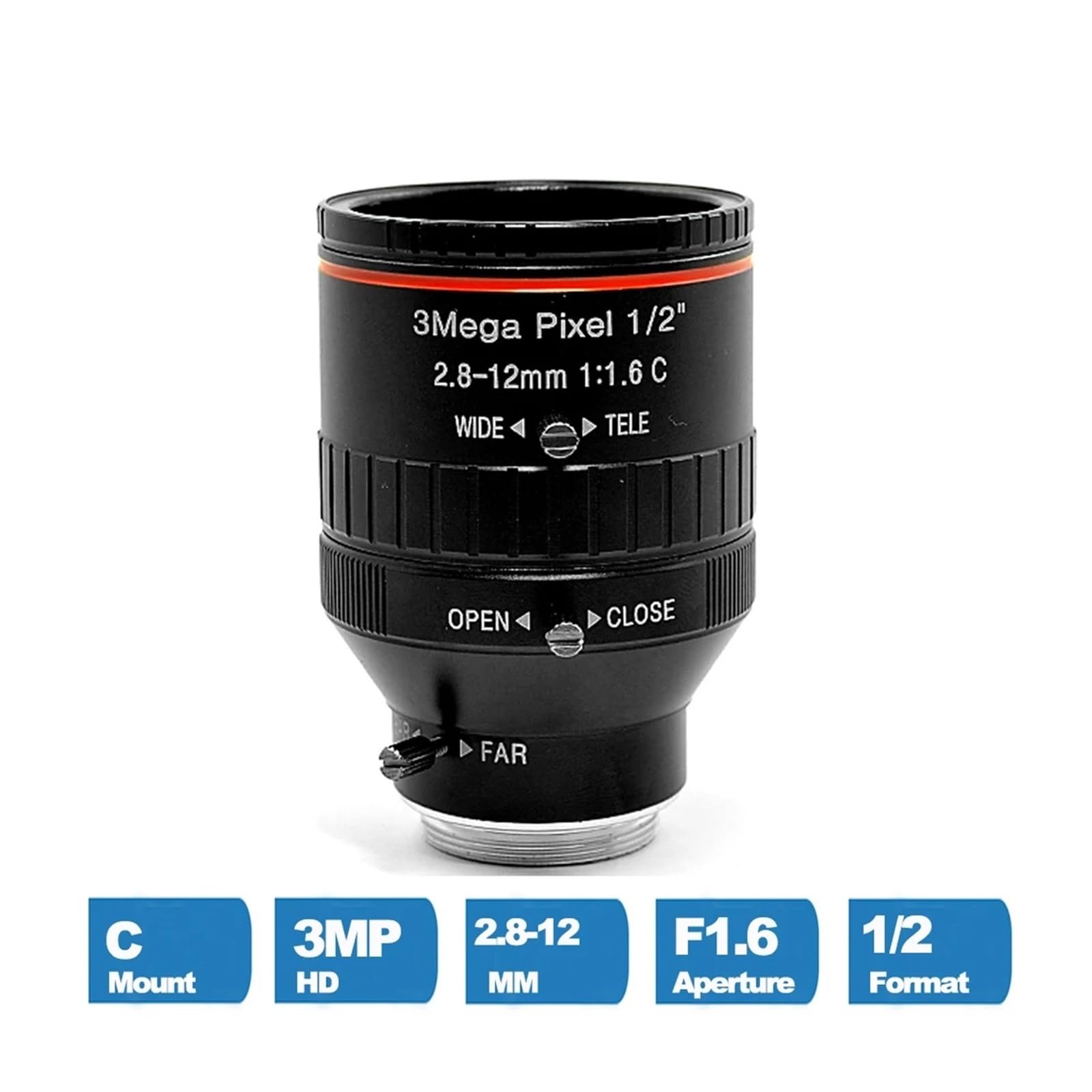 Industrial Varifocal CCTV Lens HD 3MP C Mount 2.8-12mm 1/2 Inch F1.6 Low Distortion for Video Surveillance Cameras