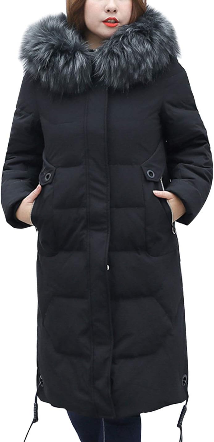 Flygo Women's Thickened Removable Fur Hooded Long Down Jacket Parka Puffer Coat 3XL