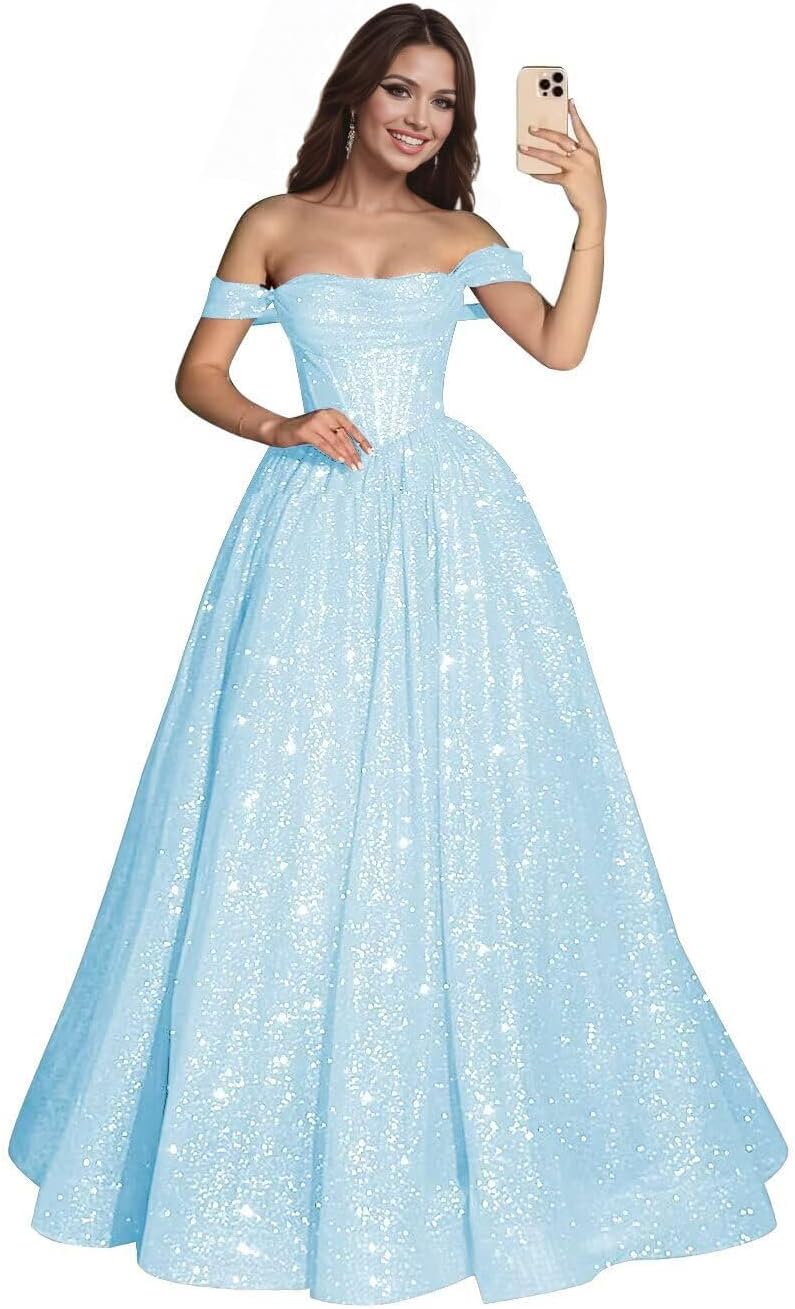 Off Shoulder Quinceanera Dress 2026 Long Sparkly Sequin Tulle Prom Dress A Line Corset Formal Ball Gown L001