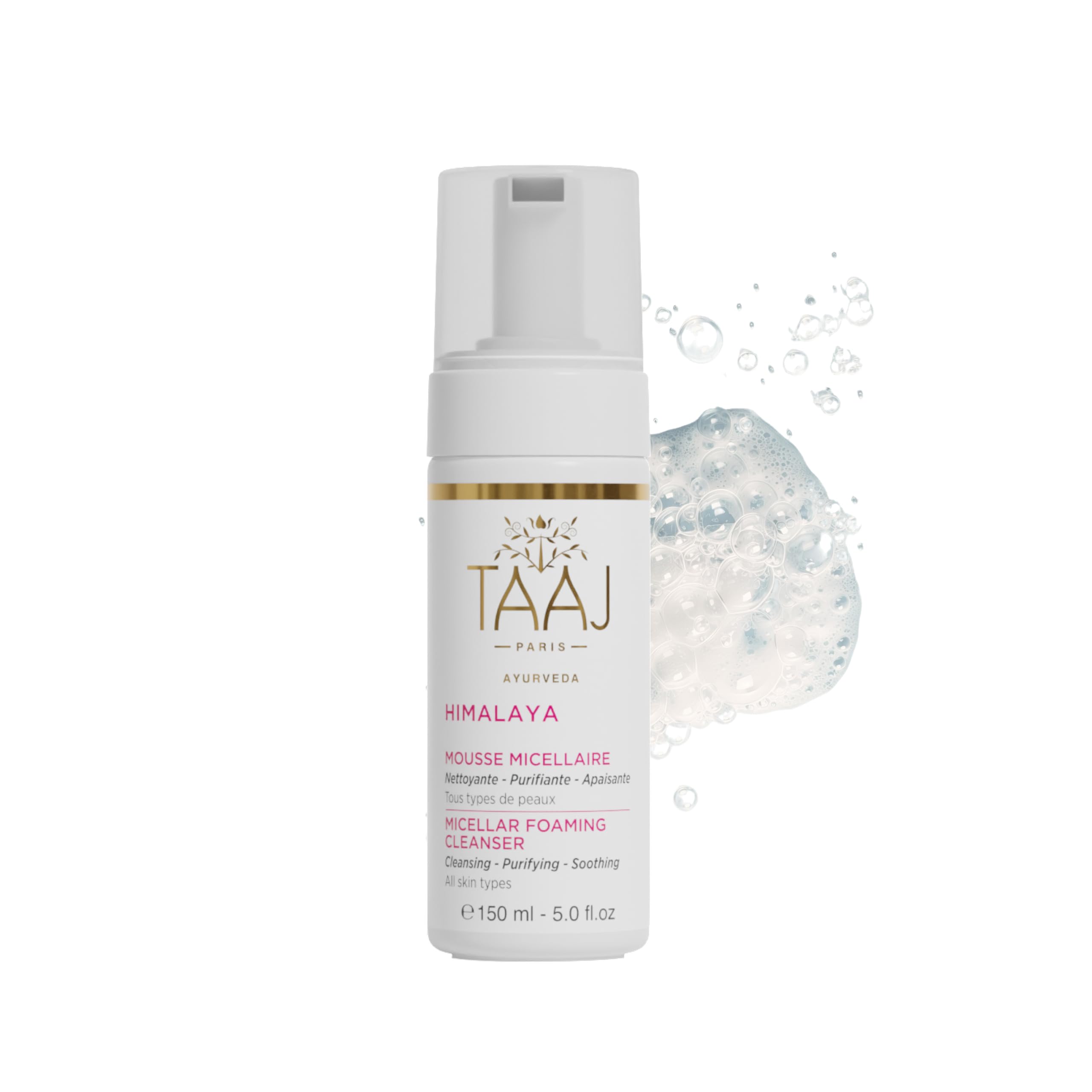 TAAJ | Mousse Micellaire - HIMALAYA | Nettoie, Démaquille & Élimine les impuretés | Peau Propre, Douce & Souple | Propriétés Apaisantes | Teint Frais & Lumineux | Végan & Cruelty Free | 150 ml