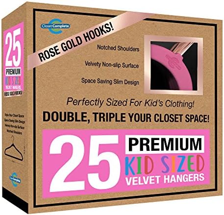 Closet Complete Kids Size, Premium Heavyweight, Virtually-UNBREAKABLE, Velvet Hangers, Ultra-Thin, Space Saving, No-Slip, Best Size For Kids 4-15 years, 360º Spin, Rose Gold Hooks, Pink, Set of 25