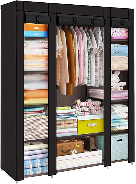 Trintion Fabric Canvas Wardrobe 128 * 45 * 173cm Clothes Storage Organiser with Hanging Rail Storage Cupboard Unit for Bedroom Living Room (Black)