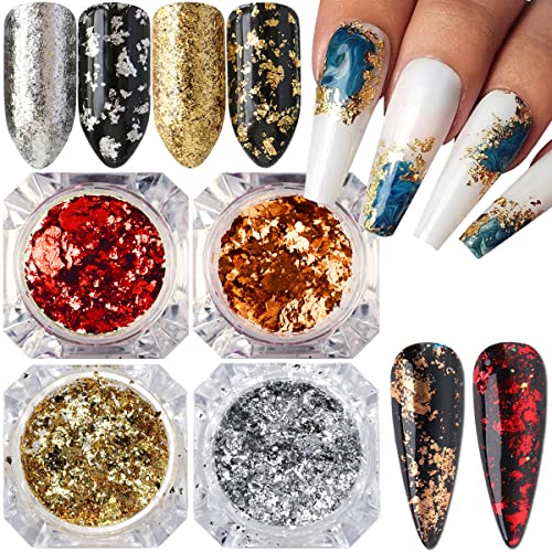 Holographic Glitter Nail Foil Flakes 3D Sparkly Aluminum Foil Sequins Nail Art Supplies Rose Gold Red Silver Glitter Foils Flake Mirror Powder Nail Designs For Acrylic Nail Art Decoration (4Boxes) #TOP6